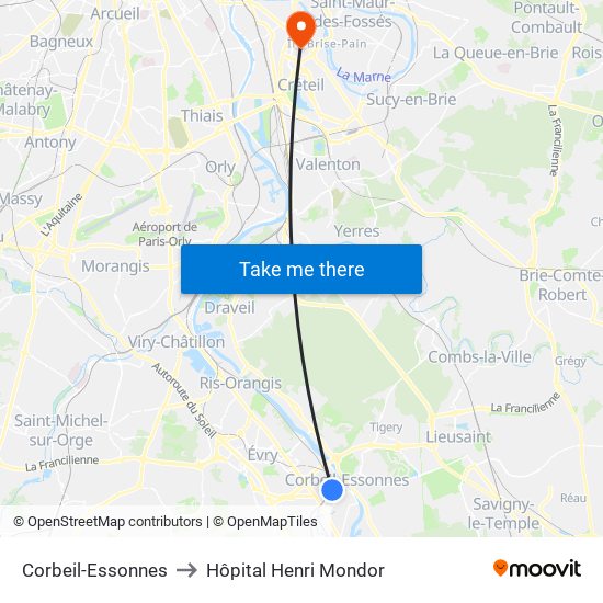 Corbeil-Essonnes to Hôpital Henri Mondor map