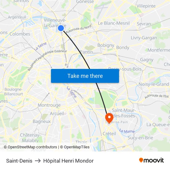 Saint-Denis to Hôpital Henri Mondor map