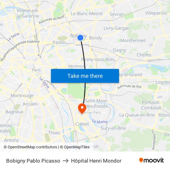 Bobigny Pablo Picasso to Hôpital Henri Mondor map