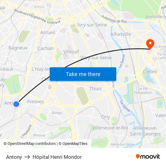 Antony to Hôpital Henri Mondor map