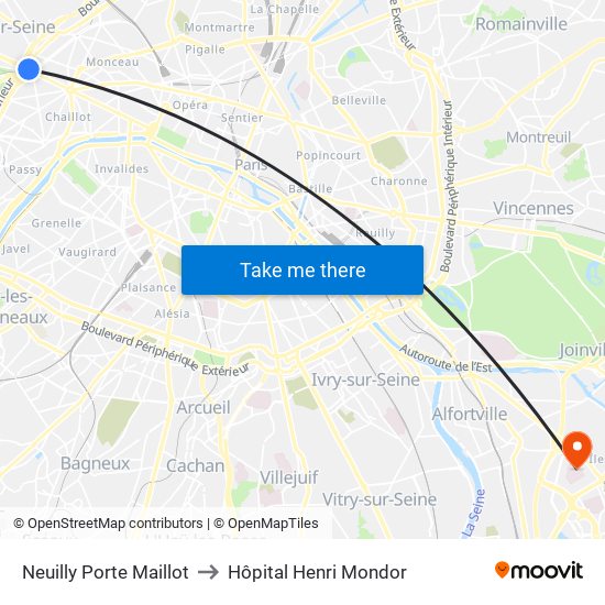 Neuilly Porte Maillot to Hôpital Henri Mondor map