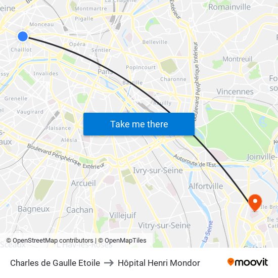 Charles de Gaulle Etoile to Hôpital Henri Mondor map