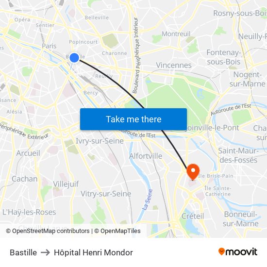 Bastille to Hôpital Henri Mondor map