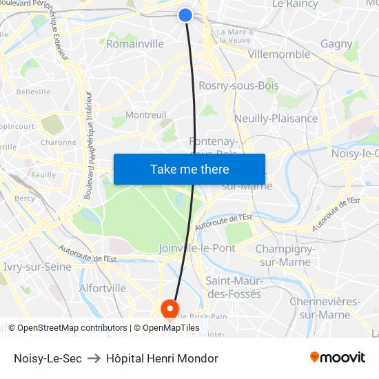 Noisy-Le-Sec to Hôpital Henri Mondor map
