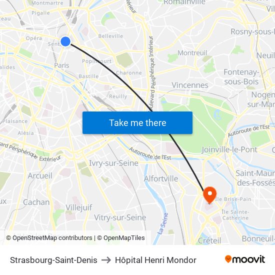 Strasbourg-Saint-Denis to Hôpital Henri Mondor map