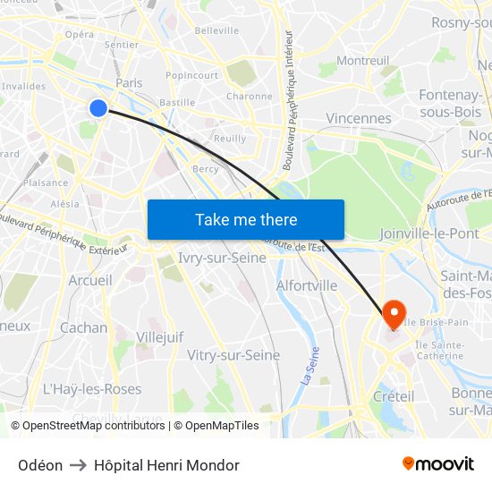 Odéon to Hôpital Henri Mondor map