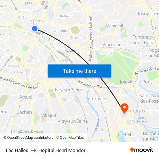 Les Halles to Hôpital Henri Mondor map