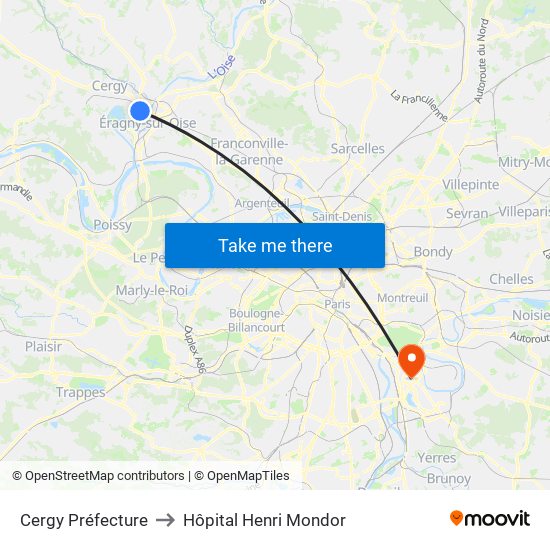 Cergy Préfecture to Hôpital Henri Mondor map