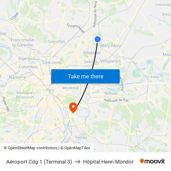 Aéroport Cdg 1 (Terminal 3) to Hôpital Henri Mondor map