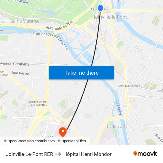 Joinville-Le-Pont RER to Hôpital Henri Mondor map