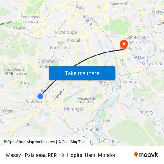 Massy - Palaiseau RER to Hôpital Henri Mondor map