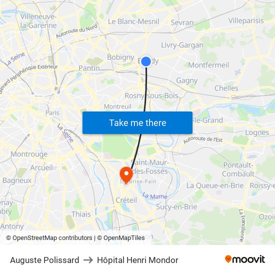 Auguste Polissard to Hôpital Henri Mondor map