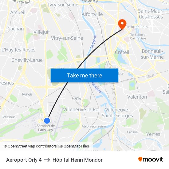 Aéroport Orly 4 to Hôpital Henri Mondor map