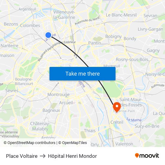 Place Voltaire to Hôpital Henri Mondor map