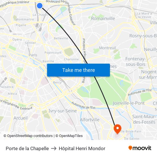 Porte de la Chapelle to Hôpital Henri Mondor map