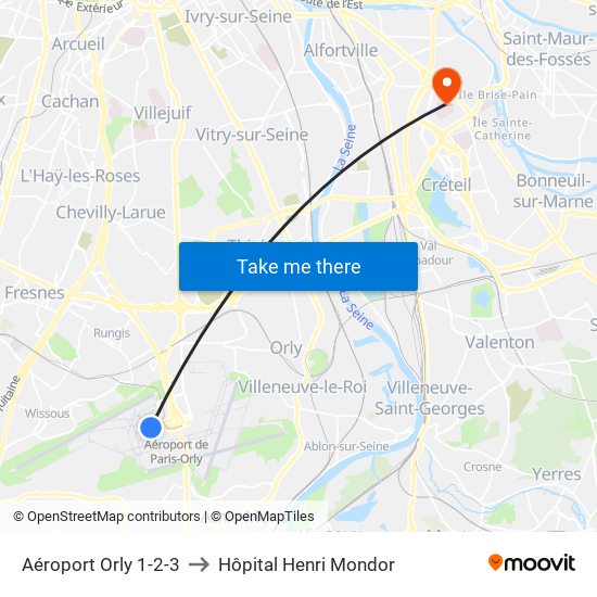 Aéroport Orly 1-2-3 to Hôpital Henri Mondor map