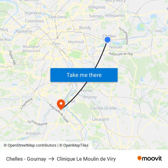 Chelles - Gournay to Clinique Le Moulin de Viry map