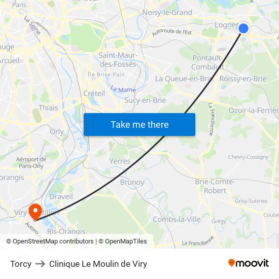 Torcy to Clinique Le Moulin de Viry map