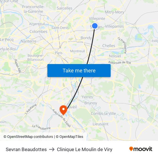 Sevran Beaudottes to Clinique Le Moulin de Viry map