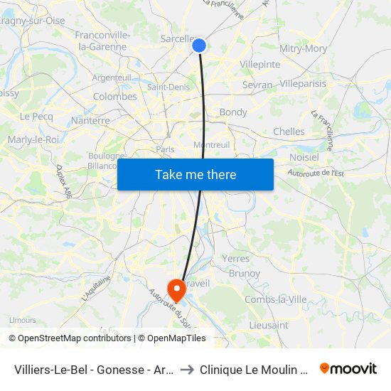 Villiers-Le-Bel - Gonesse - Arnouville to Clinique Le Moulin de Viry map