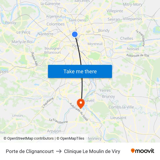 Porte de Clignancourt to Clinique Le Moulin de Viry map