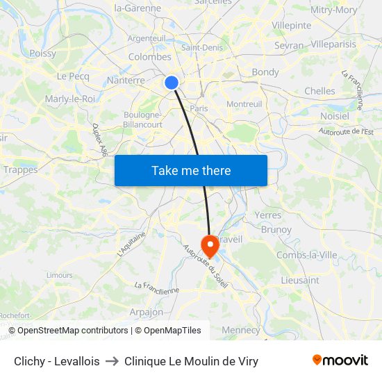 Clichy - Levallois to Clinique Le Moulin de Viry map