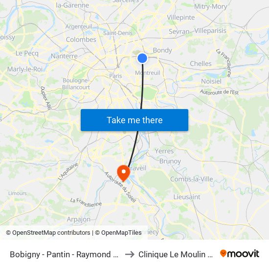 Bobigny - Pantin - Raymond Queneau to Clinique Le Moulin de Viry map