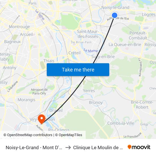 Noisy-Le-Grand - Mont D'Est to Clinique Le Moulin de Viry map