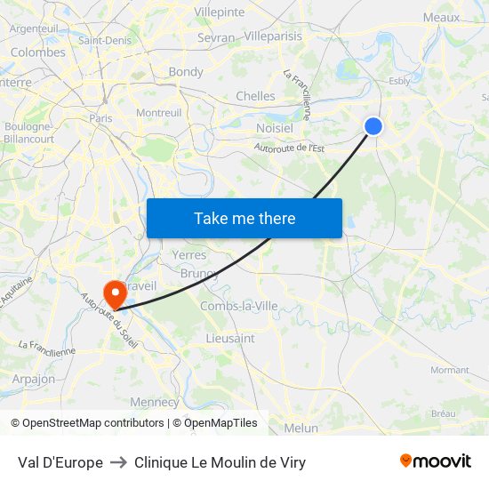 Val D'Europe to Clinique Le Moulin de Viry map