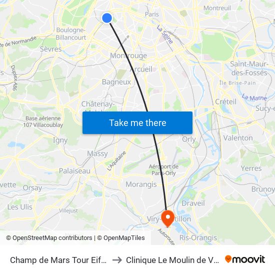 Champ de Mars Tour Eiffel to Clinique Le Moulin de Viry map
