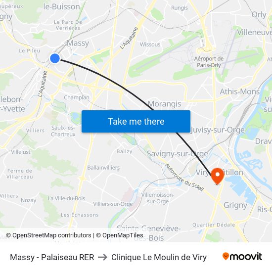 Massy - Palaiseau RER to Clinique Le Moulin de Viry map