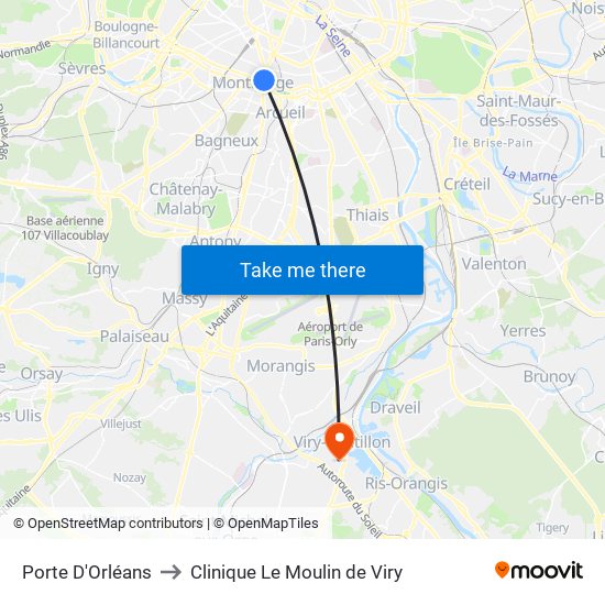 Porte D'Orléans to Clinique Le Moulin de Viry map