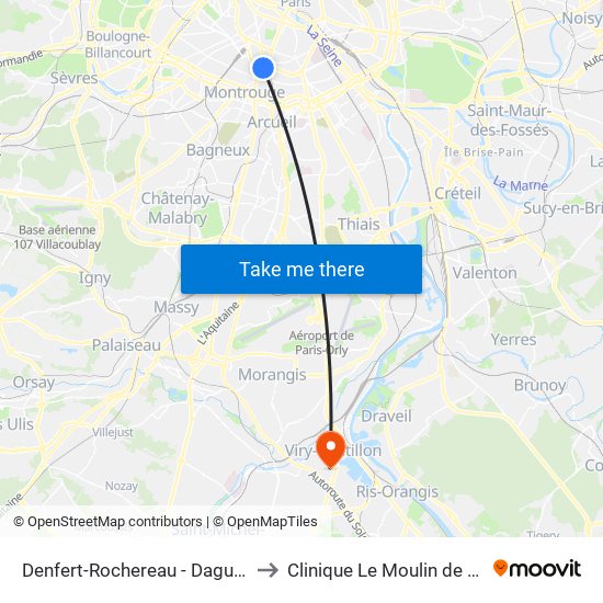 Denfert-Rochereau - Daguerre to Clinique Le Moulin de Viry map