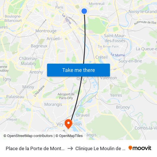 Place de la Porte de Montreuil to Clinique Le Moulin de Viry map