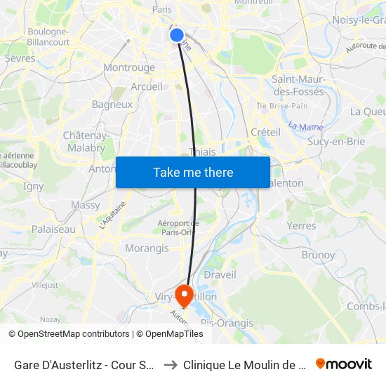 Gare D'Austerlitz - Cour Seine to Clinique Le Moulin de Viry map