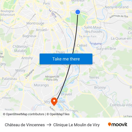 Château de Vincennes to Clinique Le Moulin de Viry map