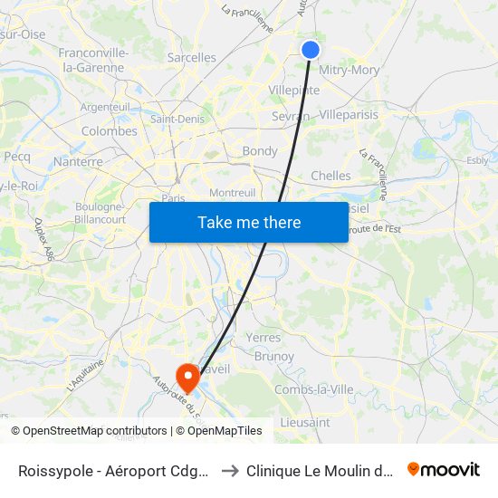 Roissypole - Aéroport Cdg1 (G1) to Clinique Le Moulin de Viry map