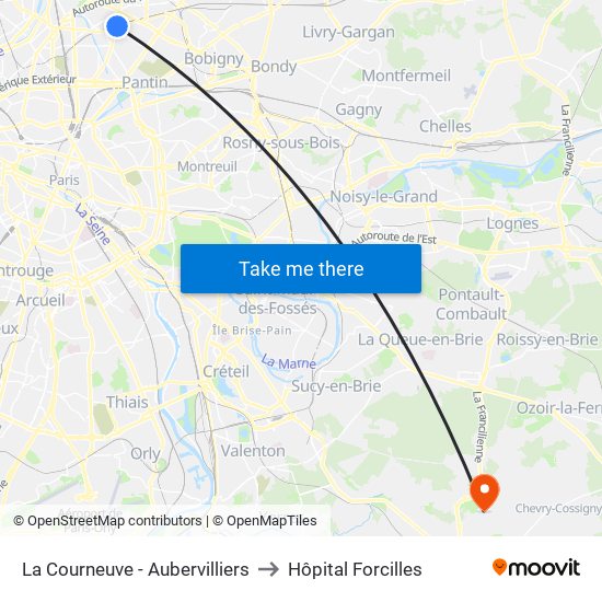 La Courneuve - Aubervilliers to Hôpital Forcilles map