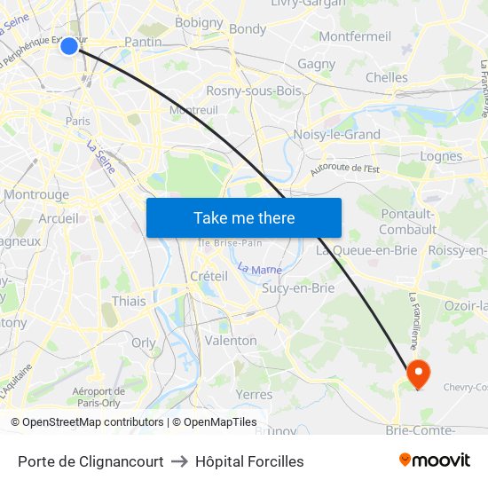 Porte de Clignancourt to Hôpital Forcilles map