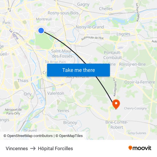 Vincennes to Hôpital Forcilles map