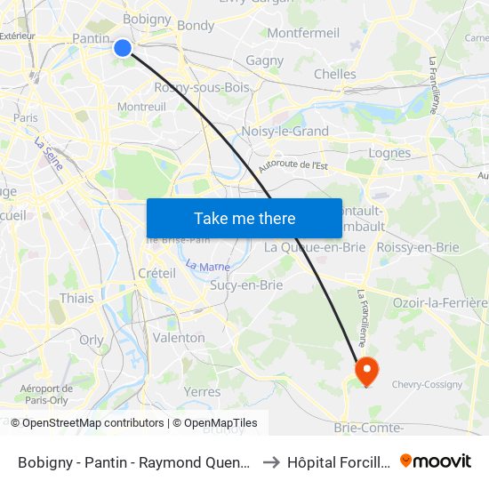 Bobigny - Pantin - Raymond Queneau to Hôpital Forcilles map