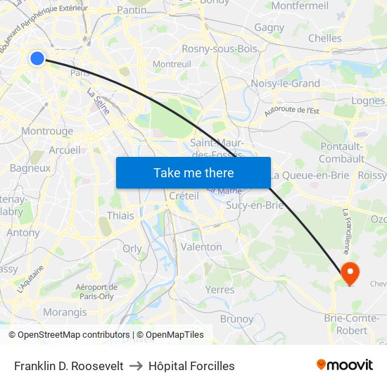 Franklin D. Roosevelt to Hôpital Forcilles map