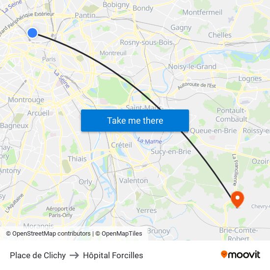 Place de Clichy to Hôpital Forcilles map