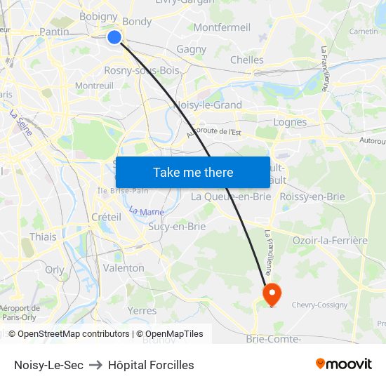 Noisy-Le-Sec to Hôpital Forcilles map