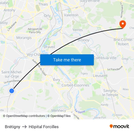 Brétigny to Hôpital Forcilles map