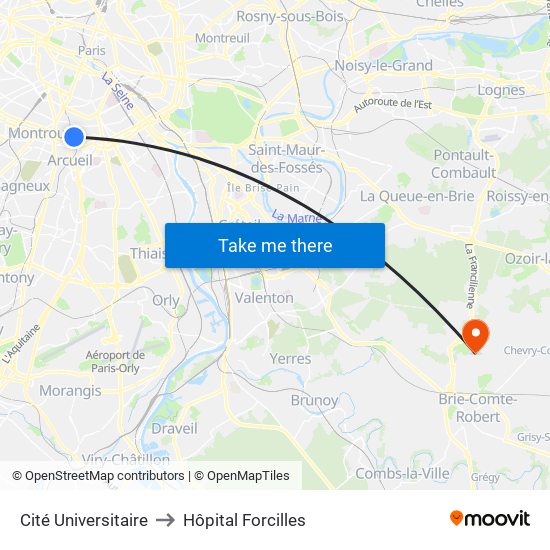Cité Universitaire to Hôpital Forcilles map