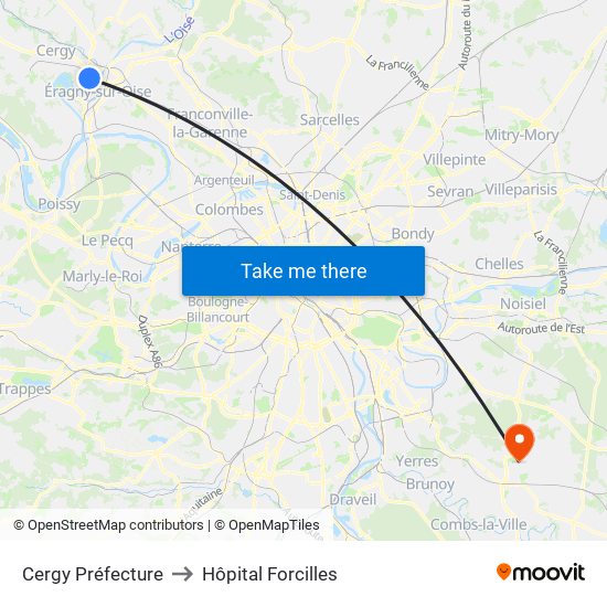 Cergy Préfecture to Hôpital Forcilles map