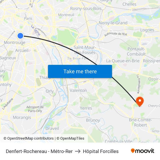 Denfert-Rochereau - Métro-Rer to Hôpital Forcilles map