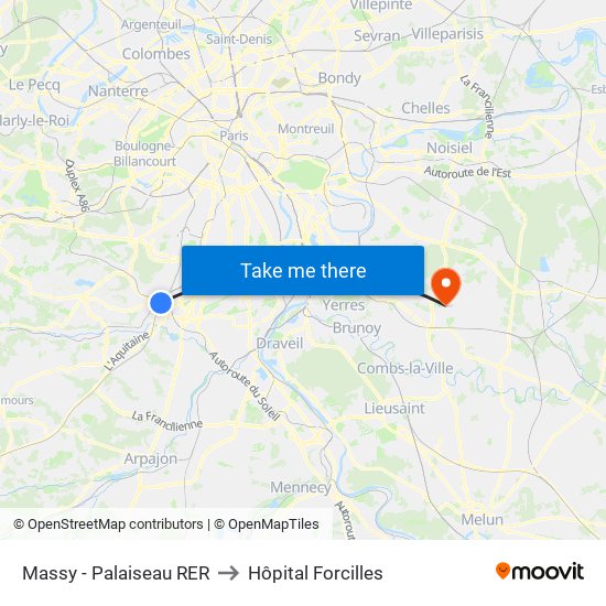 Massy - Palaiseau RER to Hôpital Forcilles map