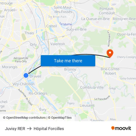 Juvisy RER to Hôpital Forcilles map